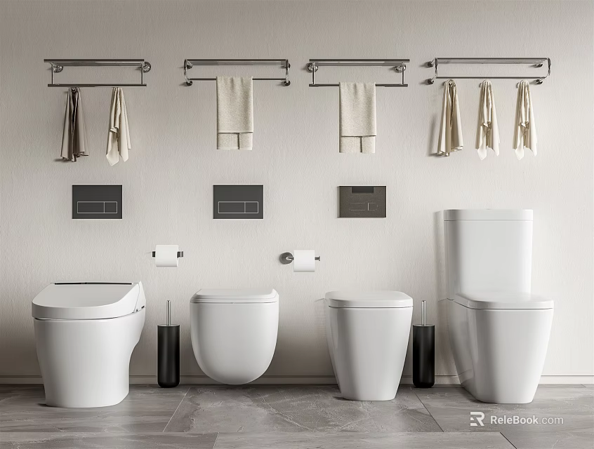 Four Modern Toilets in Bathroom Interior with Towel Racks Toilet Paper and Tile Floor 3d model 