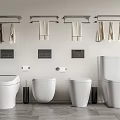 Four Modern Toilets in Bathroom Interior with Towel Racks Toilet Paper and Tile Floor