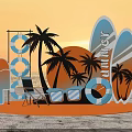 Summer Beach Photo Check-in Spot With Surfboards Palm Trees And Sunset View