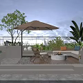 Rooftop Garden Outdoor Space With Umbrella Seating Furniture And Green Plants