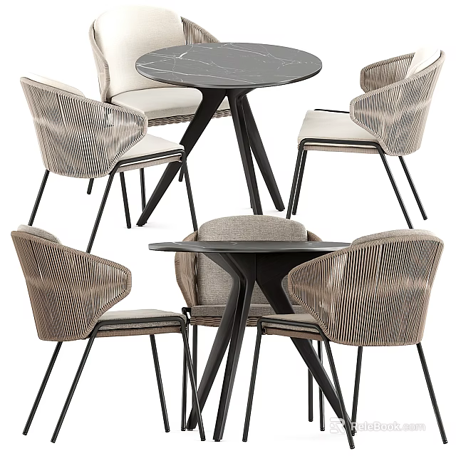 Modern Dining Set With Round Table Black Legs And Light Gray Striped Chairs 3d model