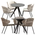 Modern Dining Set With Round Table Black Legs And Light Gray Striped Chairs 3d model