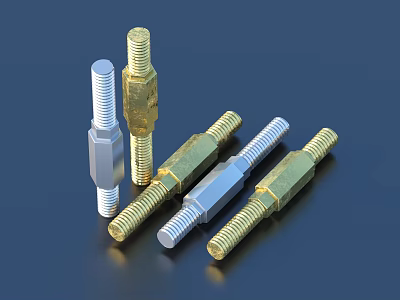 Metallic Hex Head Bolts In Brass And Stainless Steel On Dark Surface 3d model