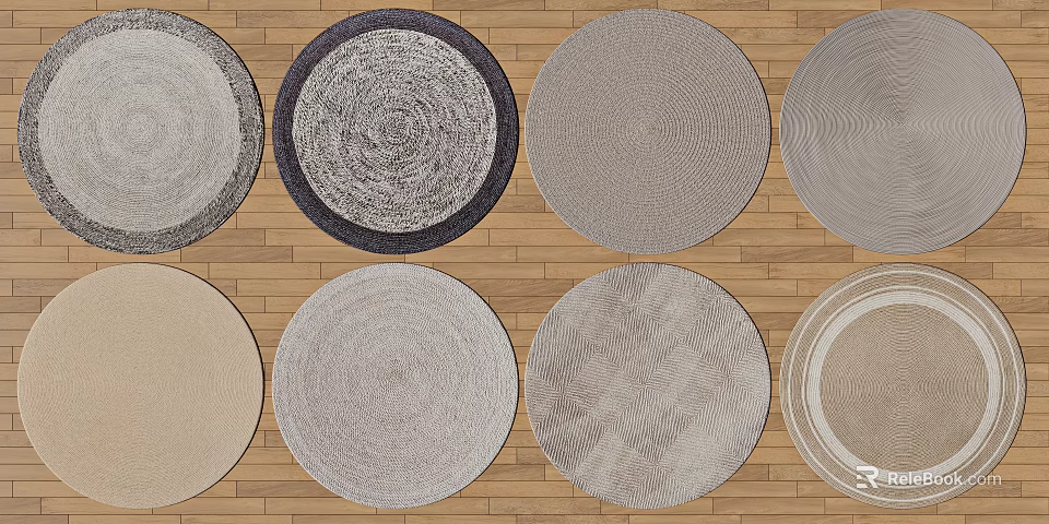 Round Area Rugs with Various Textures and Designs on Wooden Floor 3d model 