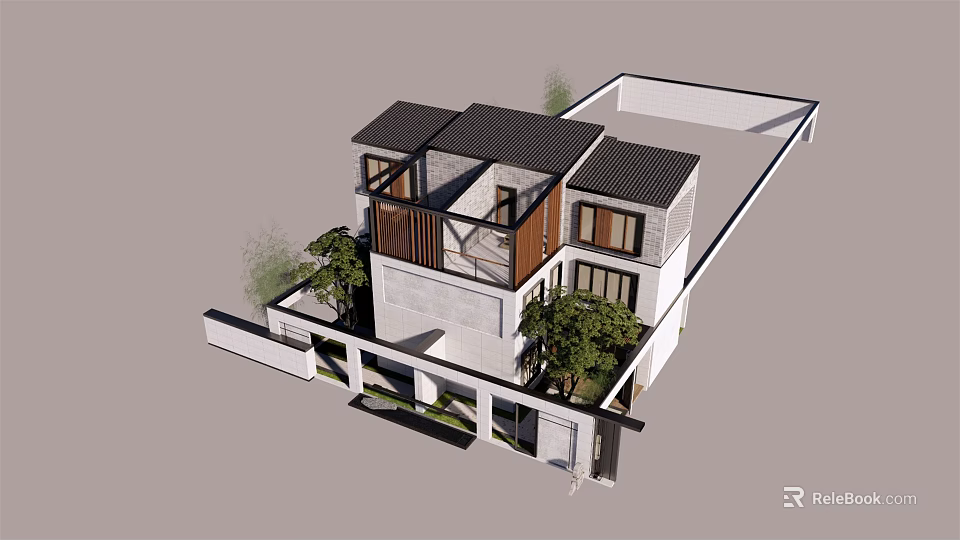 Modern Chinese Style Semi Detached Villa Exterior With Black Roof Wooden Frames And Green Plants 3d model 