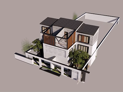 Modern Chinese Style Semi Detached Villa Exterior With Black Roof Wooden Frames And Green Plants 3d model