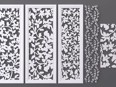 White Decorative Room Dividers With Laser Cut Floral And Leaf Patterns 3d model
