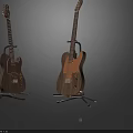 Two Brown Acoustic Guitars Placed on Black Stands Against Gray Background