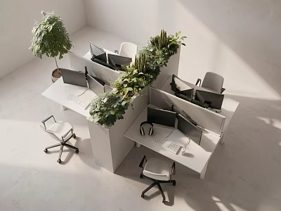 Modern Office Desks With Green Plants Dividers Computers Monitors And Office Chairs 3d model
