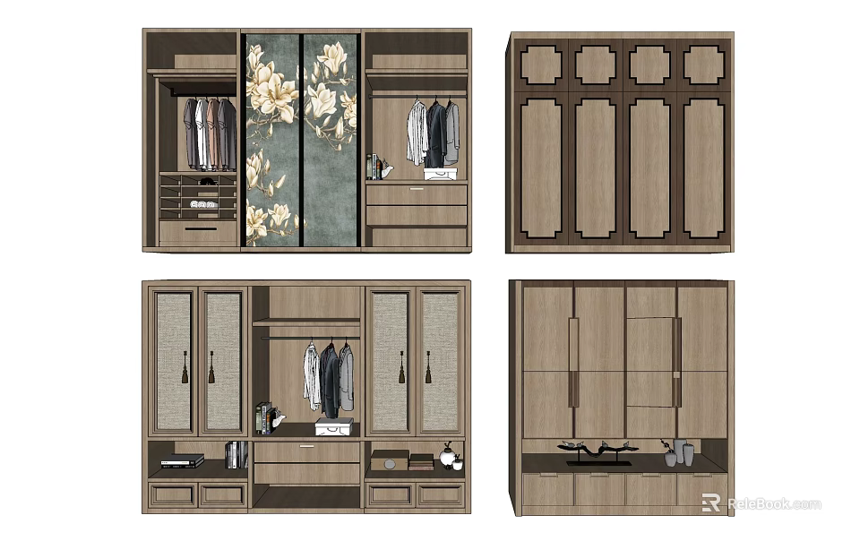 Wooden Wardrobe Designs With Multi Door Floral Panel Storage Compartments And Hanging Areas 3d model 