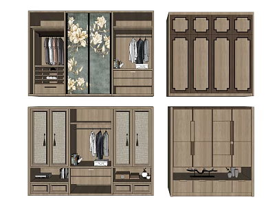 Wooden Wardrobe Designs With Multi Door Floral Panel Storage Compartments And Hanging Areas 3d model
