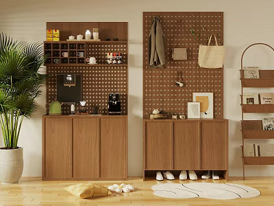 Modern Walnut Shoe Storage Cabinet With Pegboard Wall Coat Bag And Potted Plant 3d model