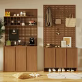 Modern Walnut Shoe Storage Cabinet With Pegboard Wall Coat Bag And Potted Plant