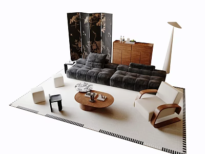 Modern L shaped Sofa and Coffee Table Set with Accent Chair Wooden Table and Floor Lamp 3d model