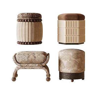 Upholstered Ottoman Footstools Featuring Beaded Details Striped Patterns And Leaf Prints 3d model