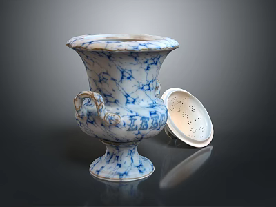 Blue and White Ceramic Vase With Intricate Carved Details And Perforated Lid Sculpture 3d model