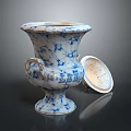 Blue and White Ceramic Vase With Intricate Carved Details And Perforated Lid Sculpture