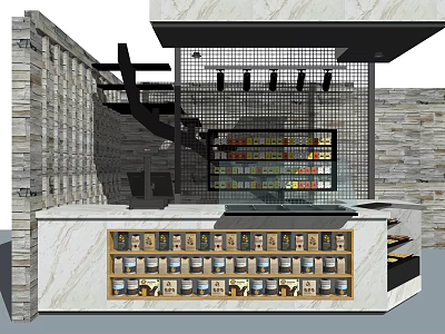 Modern Marble Reception Desk With Grid Ceiling And Product Display Shelves 3d model