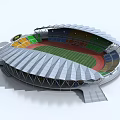 Large Circular Stadium 3D Model With Wavy Roof Colored Seats Football Field And Running Track