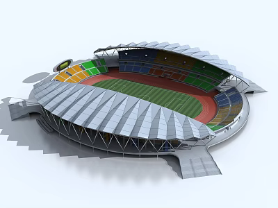 Large Circular Stadium 3D Model With Wavy Roof Colored Seats Football Field And Running Track 3d model