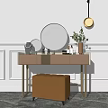 Elegant Modern Dressing Table With Round Mirror Gold Legs And Upholstered Stool 3d model