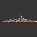 Detailed 3D Warship Model With Turrets Mast And Red Bottom Hull