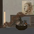 Pine Bonsai Plant In Ceramic Pot With Decorative Stones And Fireplace Interior Decor