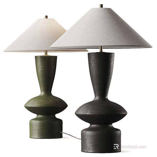 Two Modern Table Lamps With Green And Black Sculpted Bases And Light Fabric Shades 3d model 