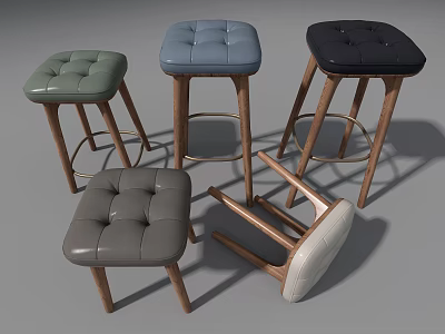 Modern Stools With Tufted Leather Seats Wooden Legs And Metal Footrests In Various Colors 3d model