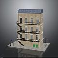 Wooden Multi Storey Building Model With Blue Roof External Stairs And Street Lamps
