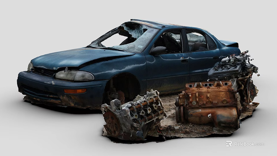 Old Blue Car With Damaged Front Broken Windows And Rusty Engine Parts 3d model 