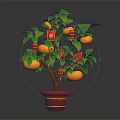 Potted Plant with Green Leaves Orange Fruits and Red Lantern Decorations in Red Pot