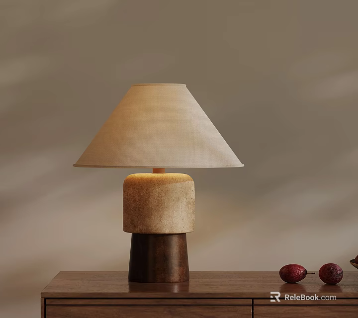 Modern Table Lamp With Beige Lampshade And Wooden Base On Tabletop With Red Decor Objects 3d model