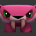 Pink Cartoon Feline Creature With Sharp Fangs Green Eyes Front Side Views And Reflective Background