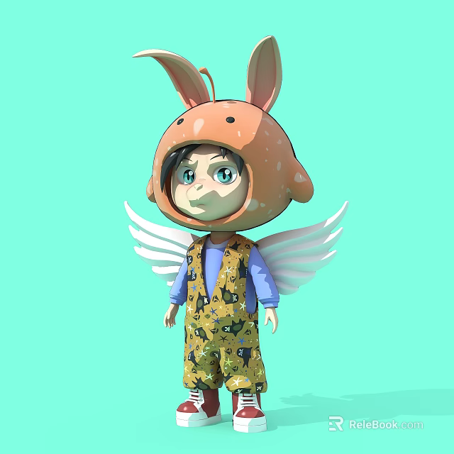 Carved Cartoon Sculpture with Orange Spotted Rabbit Ear Hat Blue Eyes Yellow Overalls White Wings 3d model 
