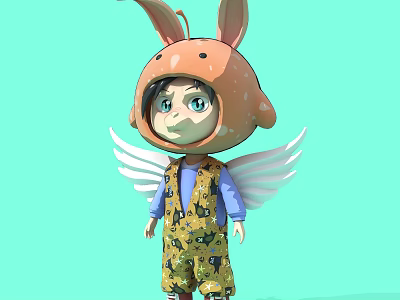 Carved Cartoon Sculpture with Orange Spotted Rabbit Ear Hat Blue Eyes Yellow Overalls White Wings 3d model