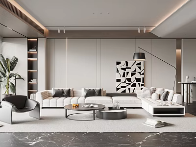Modern Living Room Interior With Sofa Black And White Geometric Art Floor Lamp And Plant 3d model