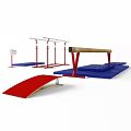 Gymnastics Sports Equipment Including Balance Beam Parallel Bars Blue Mats And Red Springboard
