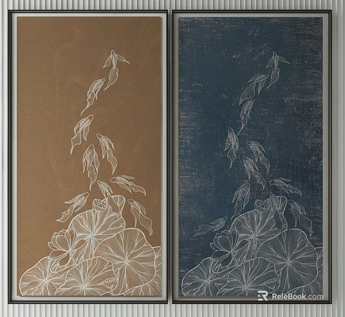 Artistic Decorative Panels With Fish And Lotus Patterns On Brown Navy Backgrounds 3d model 