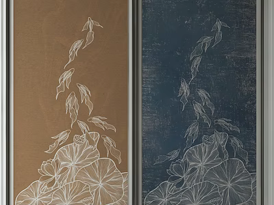 Artistic Decorative Panels With Fish And Lotus Patterns On Brown Navy Backgrounds 3d model