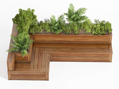 Outdoor Wooden Planter Boxes With Various Green Potted Plants And Foliage 3d model