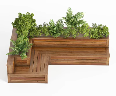 Outdoor Wooden Planter Boxes With Various Green Potted Plants And Foliage 3d model