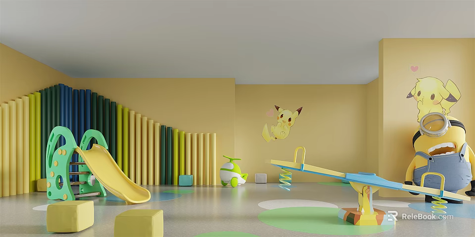 Kids Playroom Interior With Slide Seesaw Pikachu Figure Colorful Pillars And Yellow Walls 3d model 