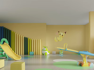 Kids Playroom Interior With Slide Seesaw Pikachu Figure Colorful Pillars And Yellow Walls 3d model