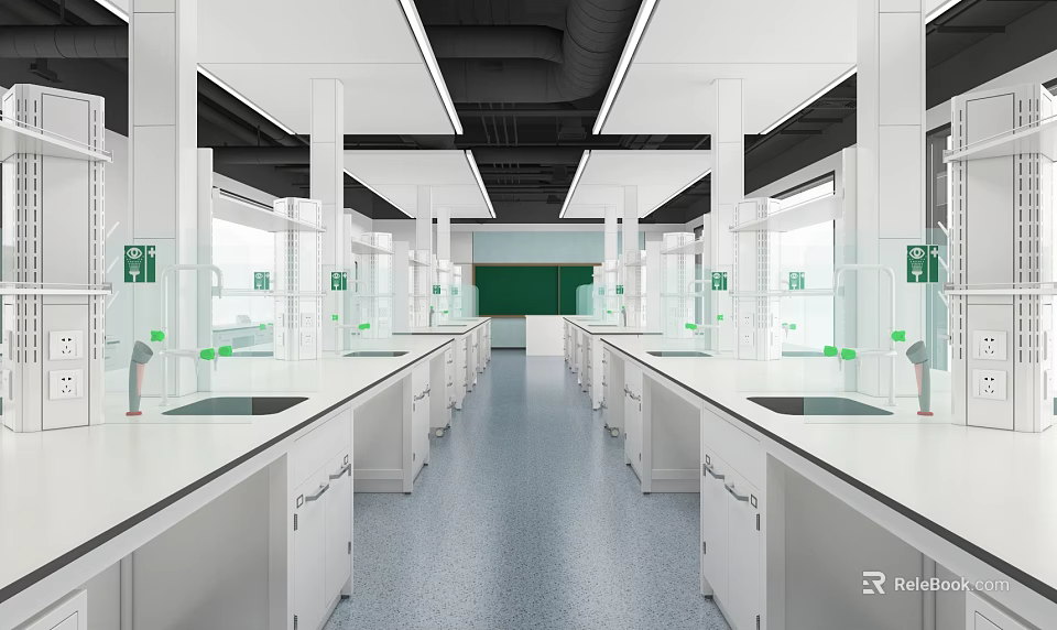 Modern Laboratory Interior With Open Layout And White Benches 3d model 