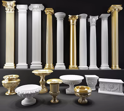 Classic Roman Columns In Gold And White With Various Antique Decorative Designs 3d model