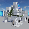 Contemporary Architectural Installation With White Cubes Large Screens Green Tree People And Blue Sky