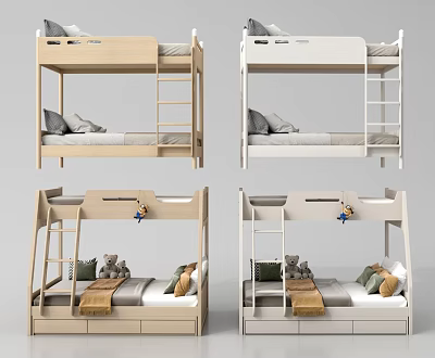 Modern Bunk Bed Designs In Beige And White With Ladders Storage Drawers And Pillows 3d model