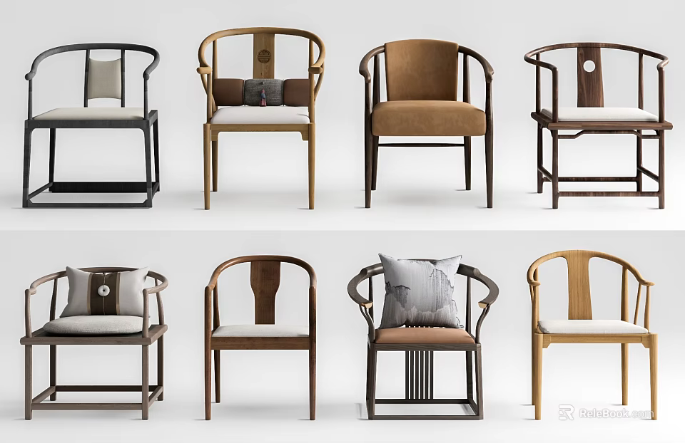 Chinese Style Accent Chairs With Multiple Designs Wooden Frames And Soft Cushions 3d model 