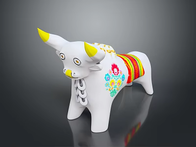 White Bull Shaped Decorative Furniture With Yellow Horns And Colorful Striped Patterns 3d model